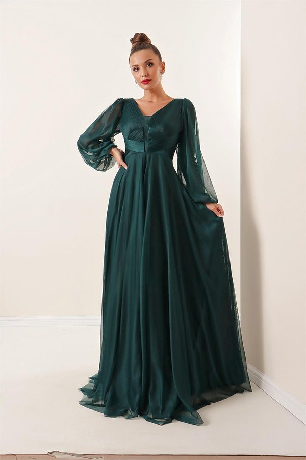 By Saygı By Saygı Prednji stražnji V vrat balon rukav duga haljina od tila