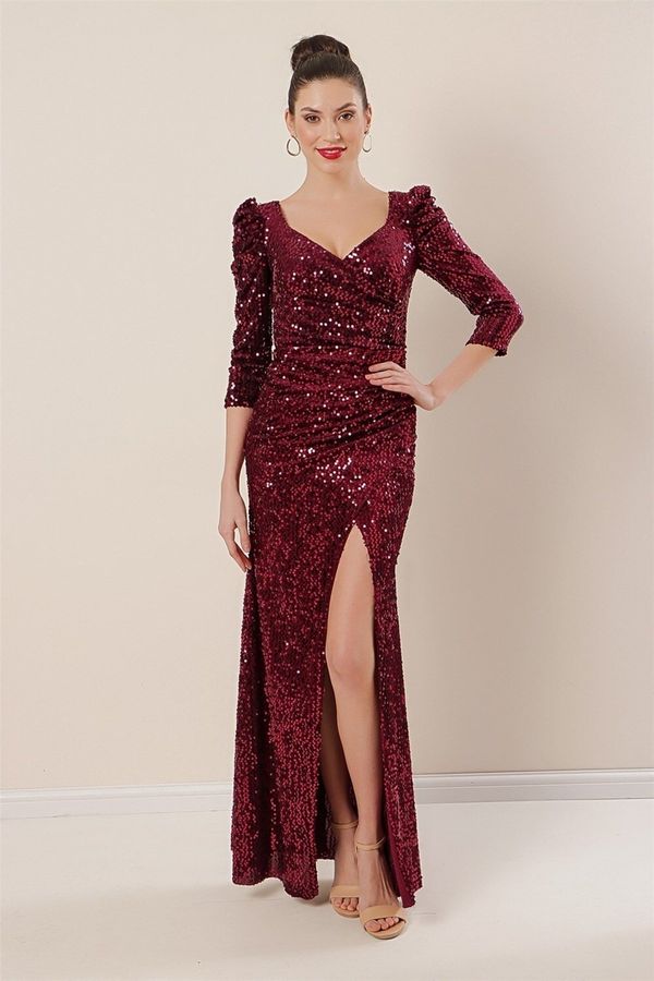 By Saygı By Saygı ramena i struk pleat obložena plisirana duga baršunasta haljina claret crvena.