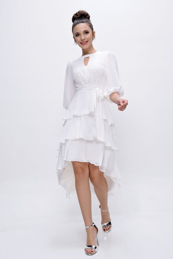 By Saygı By Saygı til Detaljan balon rukav struk remen slojevita šifonska haljina široke veličine raspon crvena