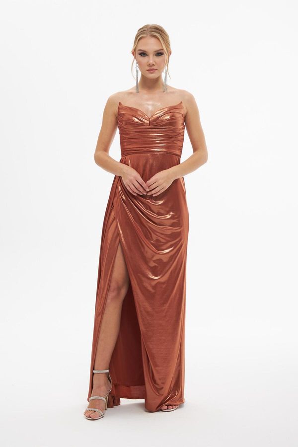 Carmen Carmen Copper Shiny Knitted Strapless Long Evening Dress