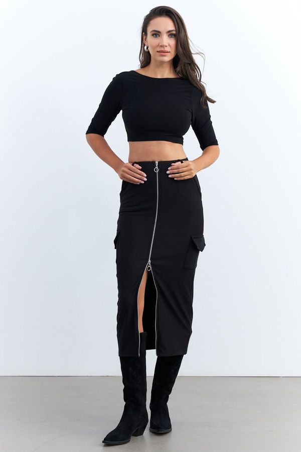 Cool & Sexy Cool & Sexy Women's Black Zippered Pocket Midi Skirt