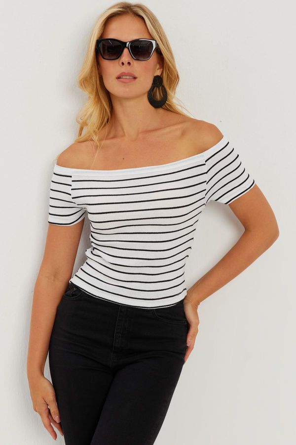 Cool & Sexy Cool & Sexy Women's White Madonna Collar Striped Camisole Blouse