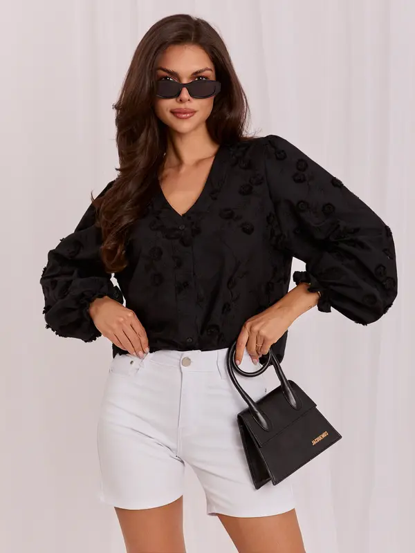 LAKERTA Crna elegantna bluza s puf rukavima