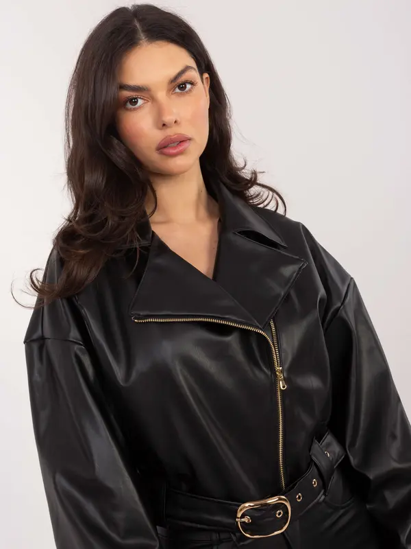 RUE PARIS Crna kožna jakna s remenom