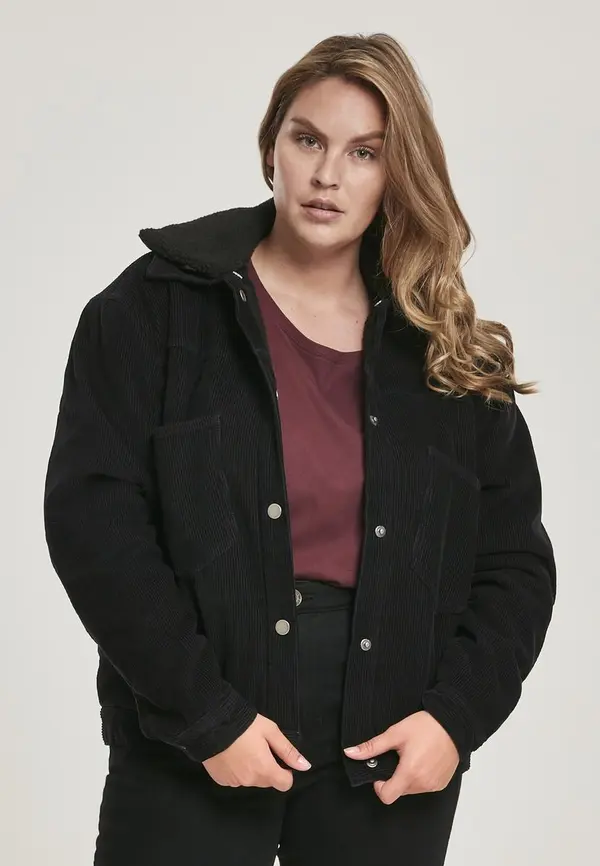 Urban Classics Dame predimenzionirana Corduroy Sherpa jakna crno/crna