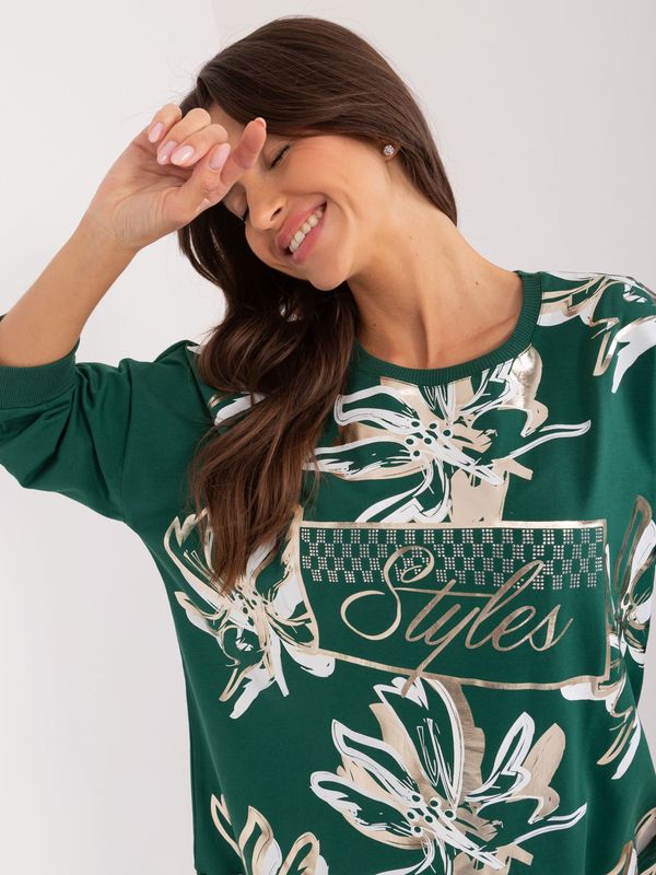 Fashionhunters Dark green women's blouse with rhinestone appliqué