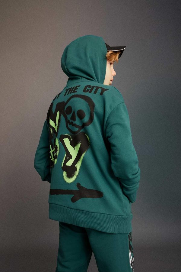 DEFACTO DEFACTO Boy's Oversize Fit Back Printed Hooded Sweatshirt