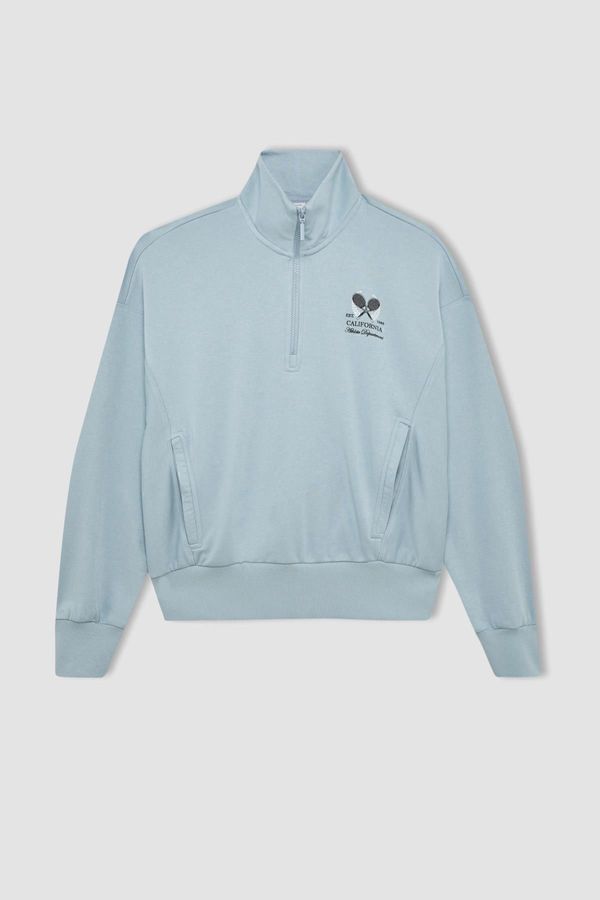 DEFACTO DEFACTO Fit Oversize Printed Stand Collar Zippered Sports Sweatshirt