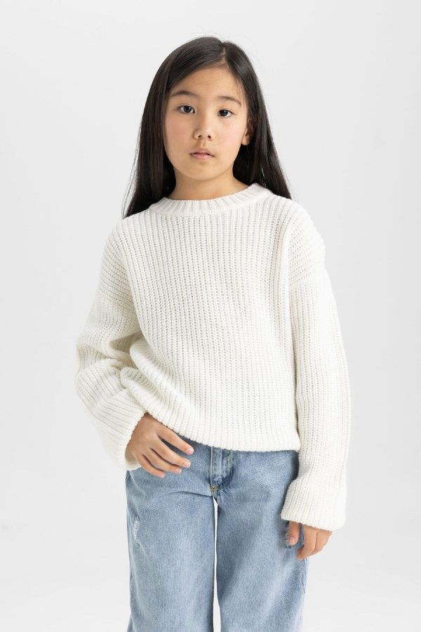 DEFACTO DEFACTO Girl Ecru Standard Fit Crew Neck Basic Plain Knitwear Sweater