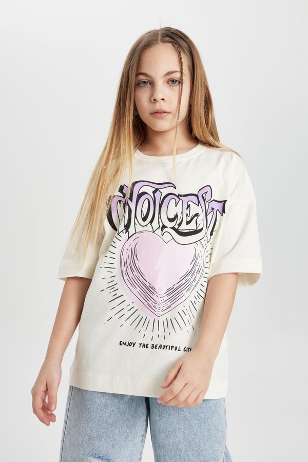 DEFACTO DEFACTO Girl Oversize Fit Crew Neck Printed Short Sleeve T-Shirt