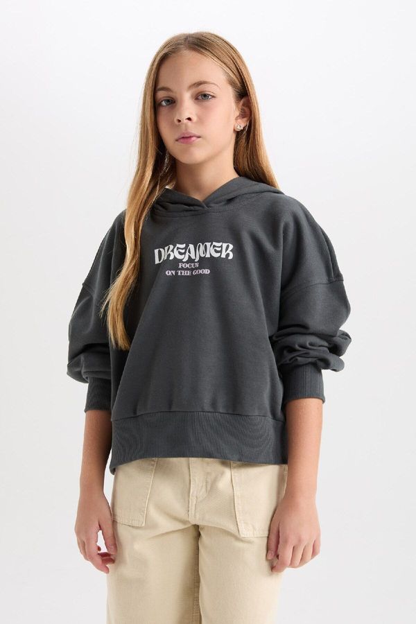 DEFACTO DEFACTO Girl Oversize Hooded Printed Thick Sweatshirt