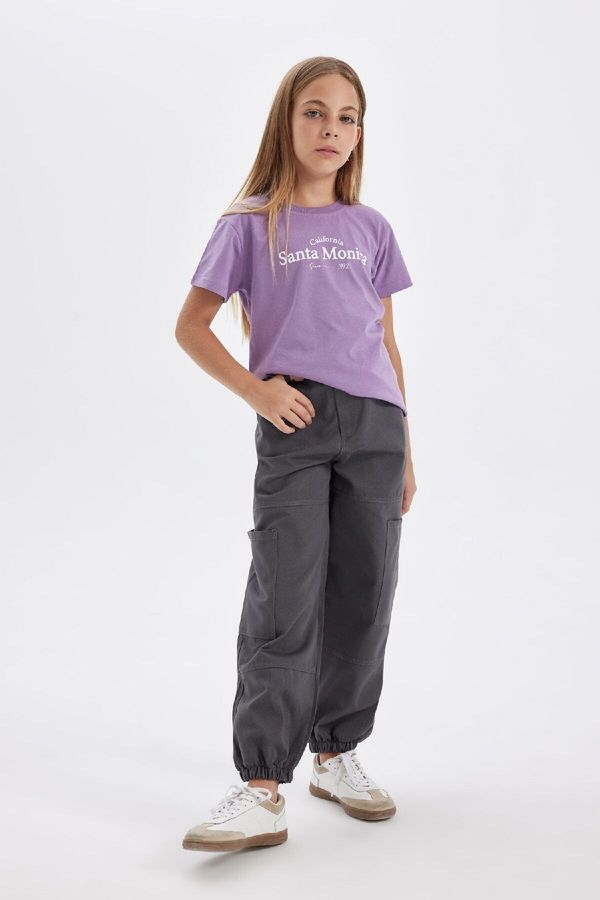 DEFACTO DEFACTO Girls Cargo Pocket Elastic Waist and Leg Cotton Anthracite Parachute Pants