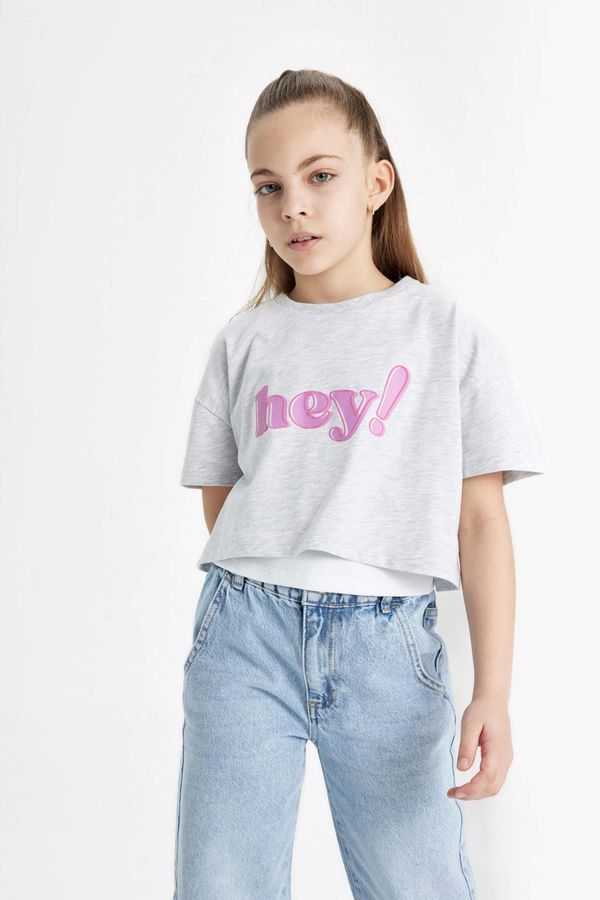 DEFACTO DEFACTO Girls Crew Neck Printed Crop Short Sleeve T-Shirt