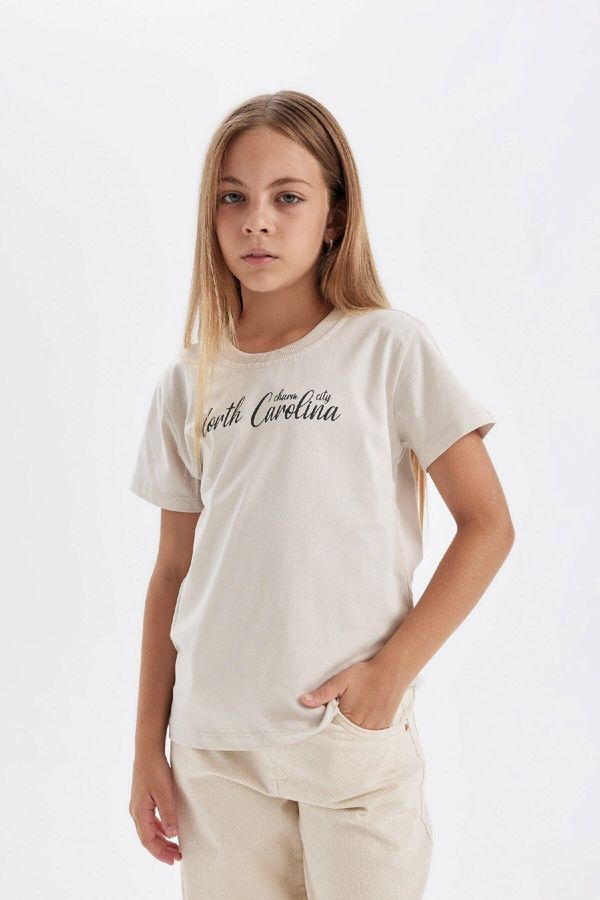 DEFACTO DEFACTO Girls' Crew Neck Printed Short Sleeve School T-Shirt