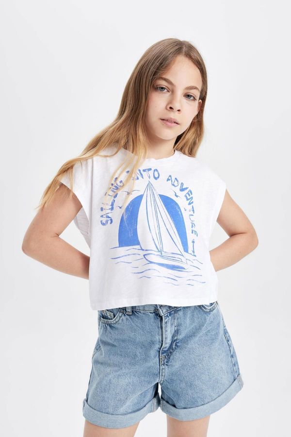 DEFACTO DEFACTO Girl's Crop Crew Neck Marine Printed Short Sleeve T-Shirt