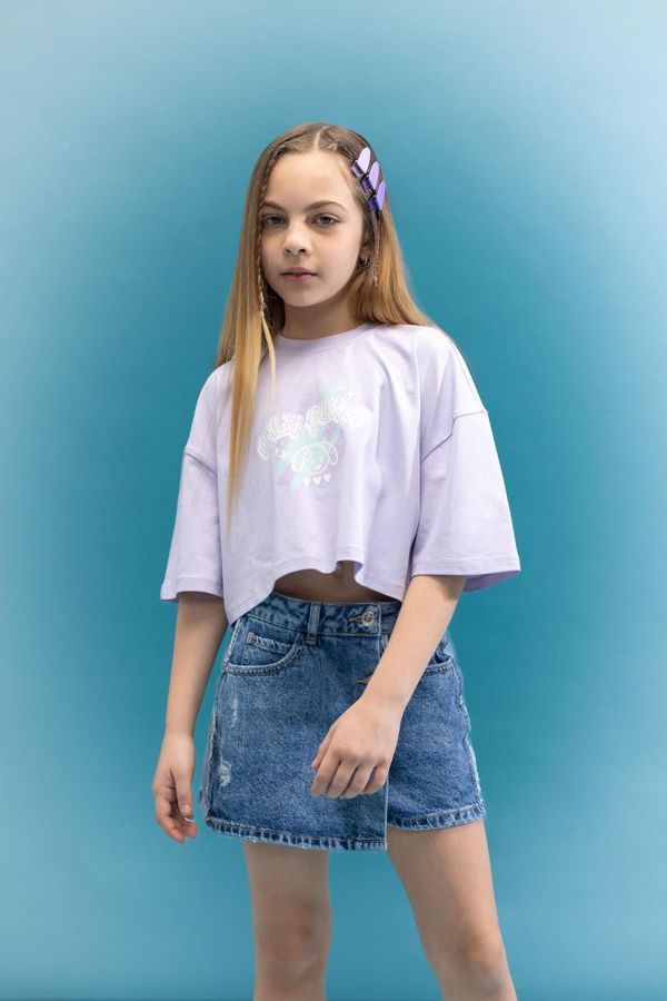 DEFACTO DEFACTO Girls Crop Glow In The Dark Printed Short Sleeve T-Shirt