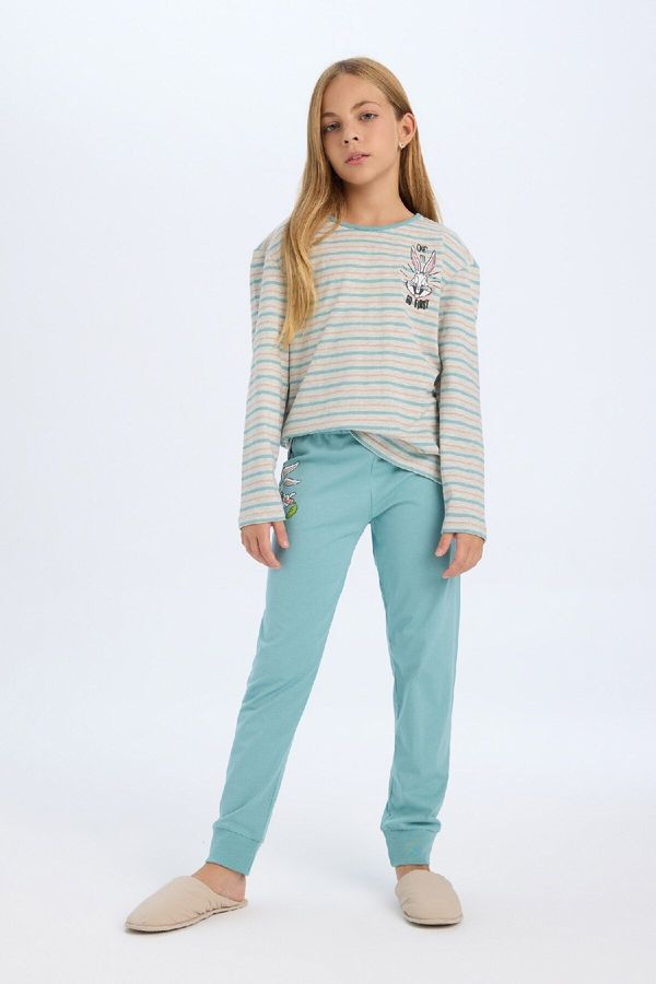 DEFACTO DEFACTO Girls Pajama Set Looney Tunes Regular Fit Long Sleeve Top Long Bottom