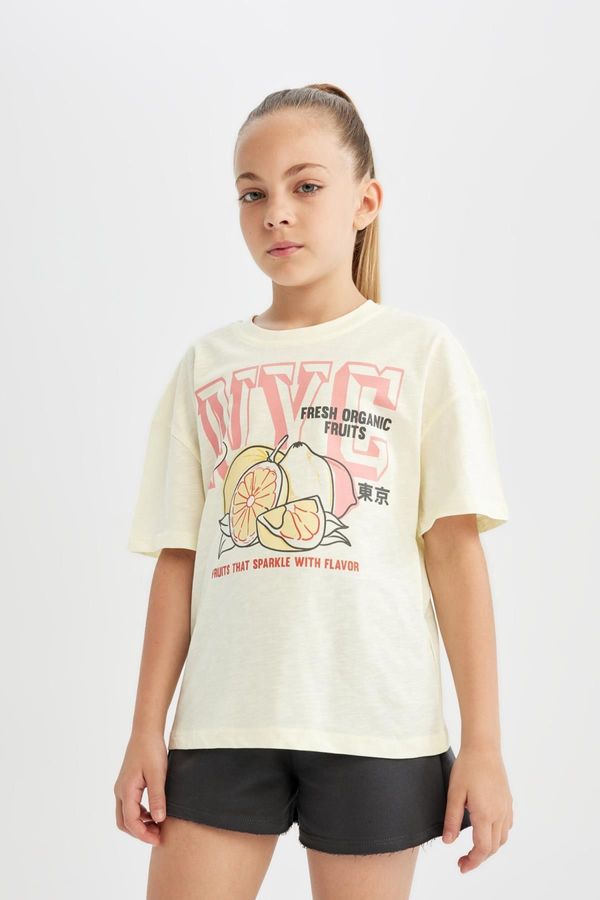 DEFACTO DEFACTO Girl's Relax Fit Crew Neck Printed Short Sleeve T-Shirt