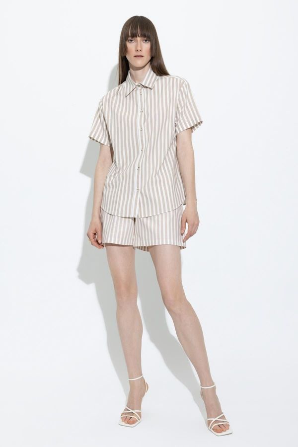DEFACTO DEFACTO High Waist Wide Leg Linen Look Striped 100% Cotton Shorts