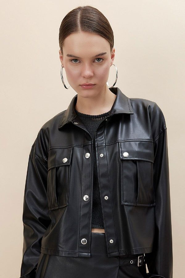 DEFACTO DEFACTO Oversize Wide Fit Faux Leather Long Sleeve Shirt