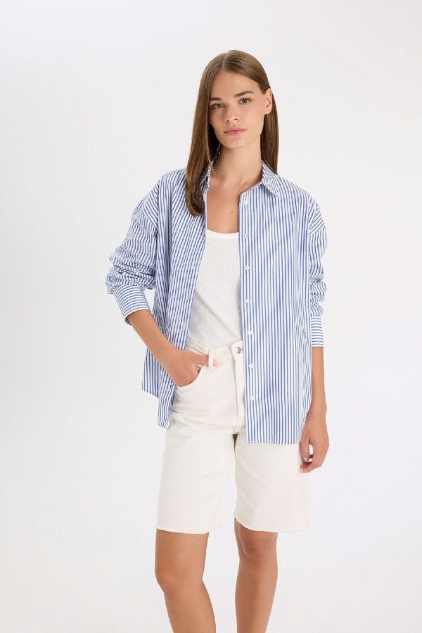 DEFACTO DEFACTO Oversize Wide Fit Striped Poplin Long Sleeve Shirt
