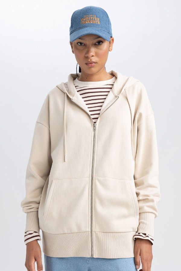 DEFACTO DEFACTO Oversize Wide Pattern Hooded Pocket Basic Plain Zippered Sweatshirt
