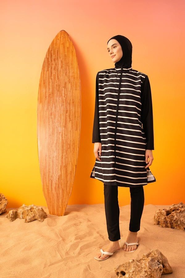 DEFACTO DEFACTO Regular Fit Striped 3-Piece Burkini Hijab Swimsuit Set