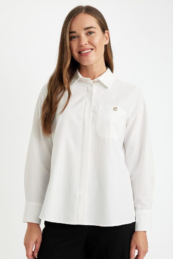 DEFACTO DEFACTO Relax Fit Buttoned Pocket Basic Plain Poplin Long Sleeve Shirt