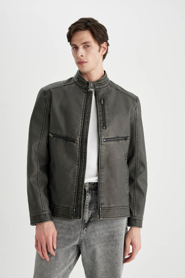 DEFACTO DEFACTO Slim Fit High Neck Jacket Faux Leather Jacket
