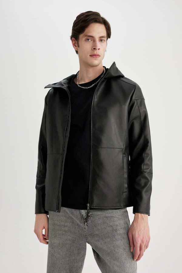 DEFACTO DEFACTO Slim Fit Hooded Faux Leather Jacket Coat