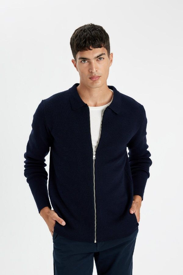 DEFACTO DEFACTO Standard Fit Regular Cut Polo Collar Knitted Cardigan