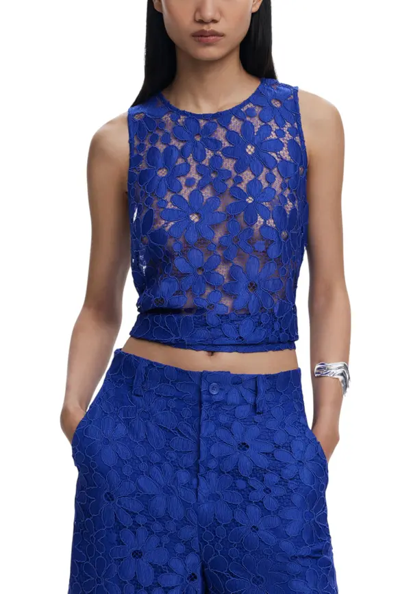 DESIGUAL Desigual plavi čipkasti top