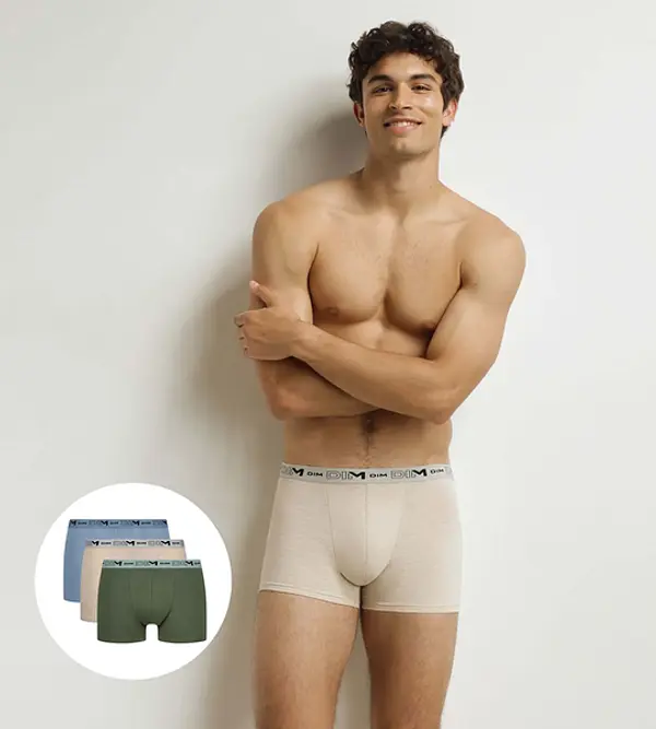 DIM DIM COTTON STRETCH BIO BOXER 3x - Men's boxer shorts made of organic cotton 3 pcs - green - light brown - light blue