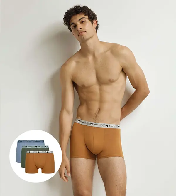 DIM DIM COTTON STRETCH BIO BOXER 3x - Men's boxer shorts made of organic cotton 3 pcs - orange - dark green - light brown