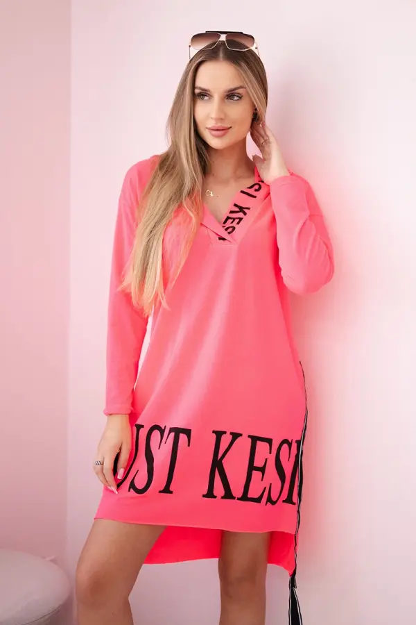 Kesi Dress with a hood and a pink neon print