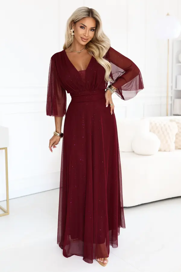 numoco basic Duga plus size haljina s dekolteom i prozirnim rukavima