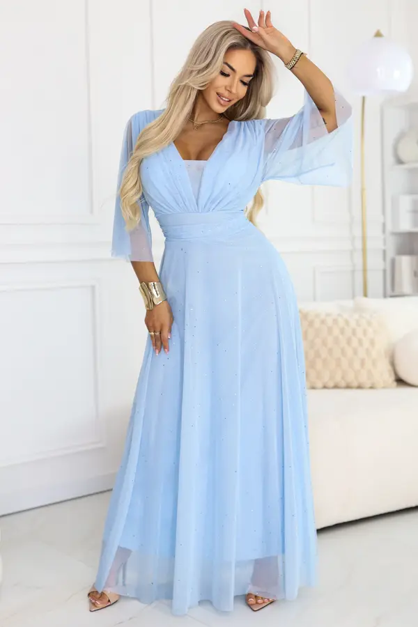 numoco basic Duga svjetlucava plus size haljina s dekolteom i prozirnim rukavima