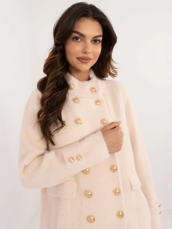 Factory Price Ecru double-breasted alpaca coat with pockets