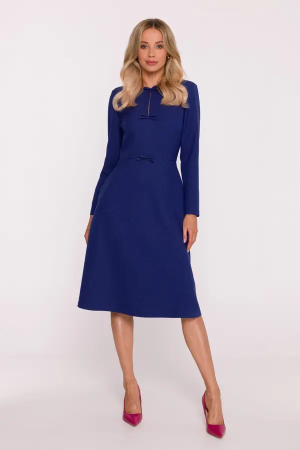 Stylove Elegantna midi haljina s ukrasnim mašnama - plava