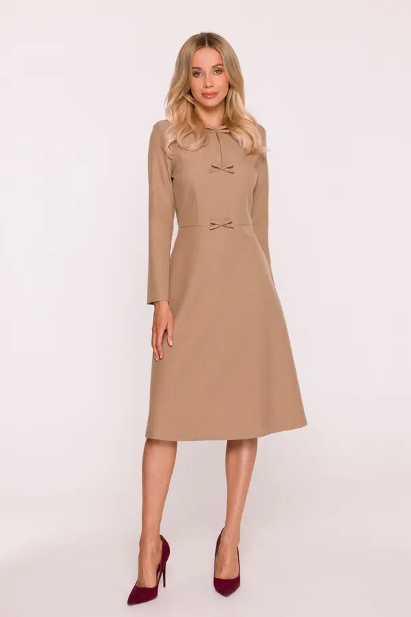 Stylove Elegantna ženska midi haljina A-kroja s ukrasnim mašnama - bež