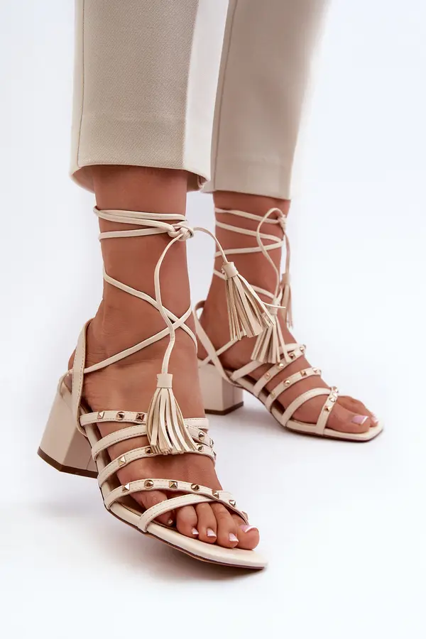 EVENTO EVENTO Lace-up Sandals With Low Heels Adorned With Studs Beige Chrisele