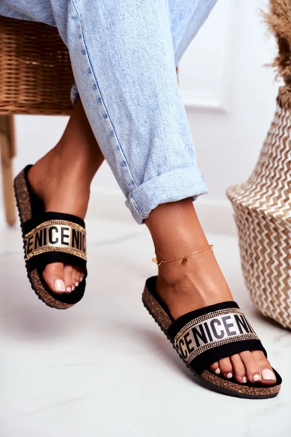 EVENTO EVENTO Slippers On Cork Sole With Cubic Zirconia Black-Gold Be Nice