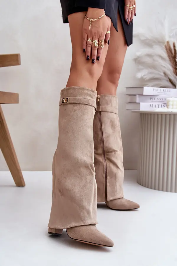 Boto FG2 Women's Eco Suede Boots With Rolled Top On Heel Beige Bralise