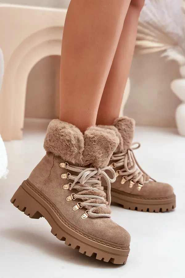 Boto FI1 Lace Up Women Boots With Fur Dark Beige Vaminia