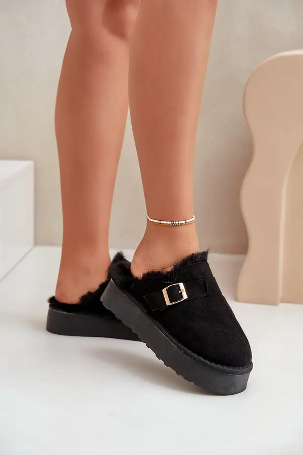 Boto FK1 Women's Slippers On Thick Sole With Fur And Buckle Black Linneola