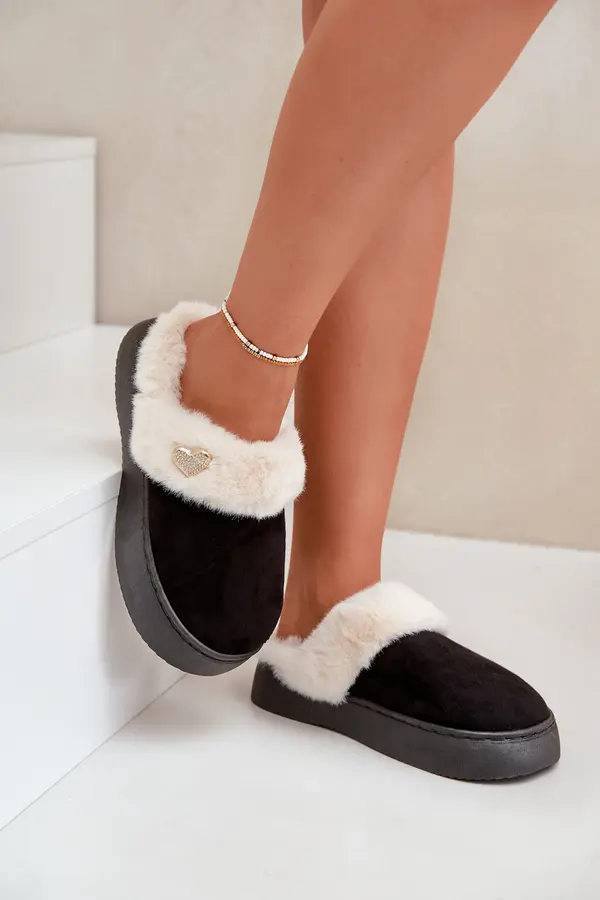Boto FK1 Women's Slippers With Fur And Decorative Heart Black Otielo