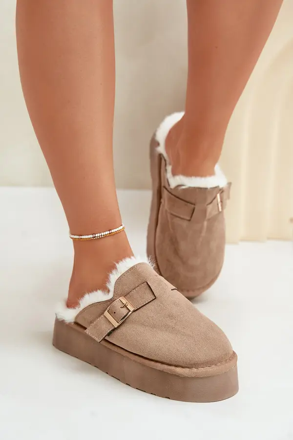 Boto FK1 Women's slippers with thick sole with fur and buckle dark beige Linneola