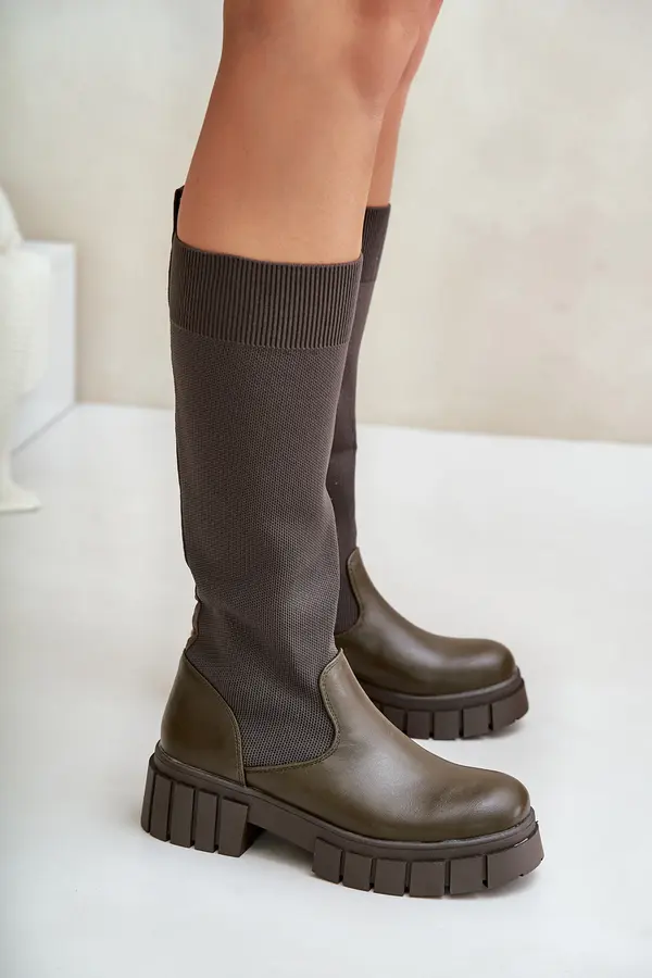 Boto FS1 Knee Boots With Elastic Shaft On Flat Heel Light Beige Mesidra