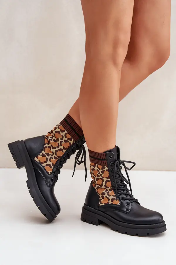 Boto FS1 Women's Worker Ankle Boots With Sock In Leopard Black Penthis