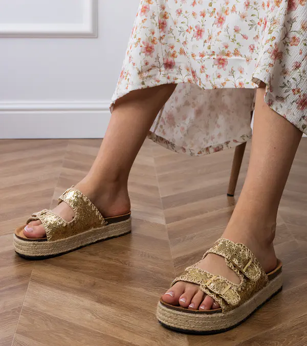 Gemre Gemre Golden Glitter Espadrille Sandals with Buckles Induri